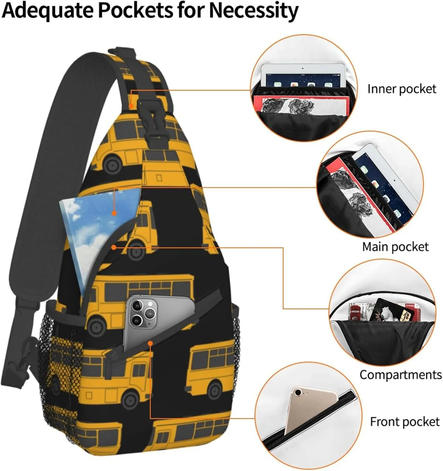 Sling Bag Casual Shoulder Backpack Lightweight Black yellow bus Chest Package With Adjustable Strap Multipurpose Sling Bag