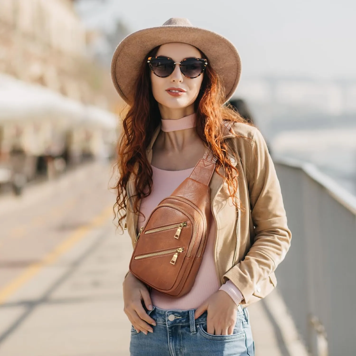 Sling Bag Chest Pack Gifts for Women PU Leather Small Crossbody Bags Fashion Purses with Adjustable Guitar Strap