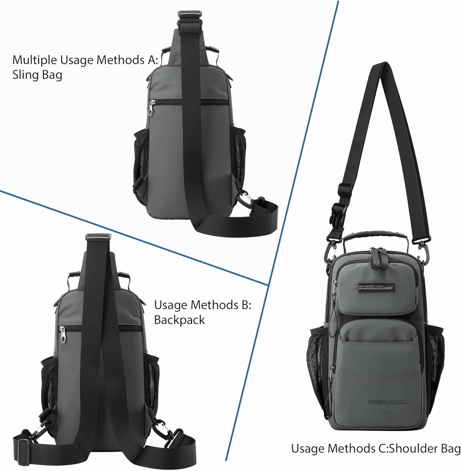Sling Bag for Men Travel Lightweight Multi-pocket Crossbody Shoulder Bags Convertible Sling Backpack Chest Bag Men(Grey)