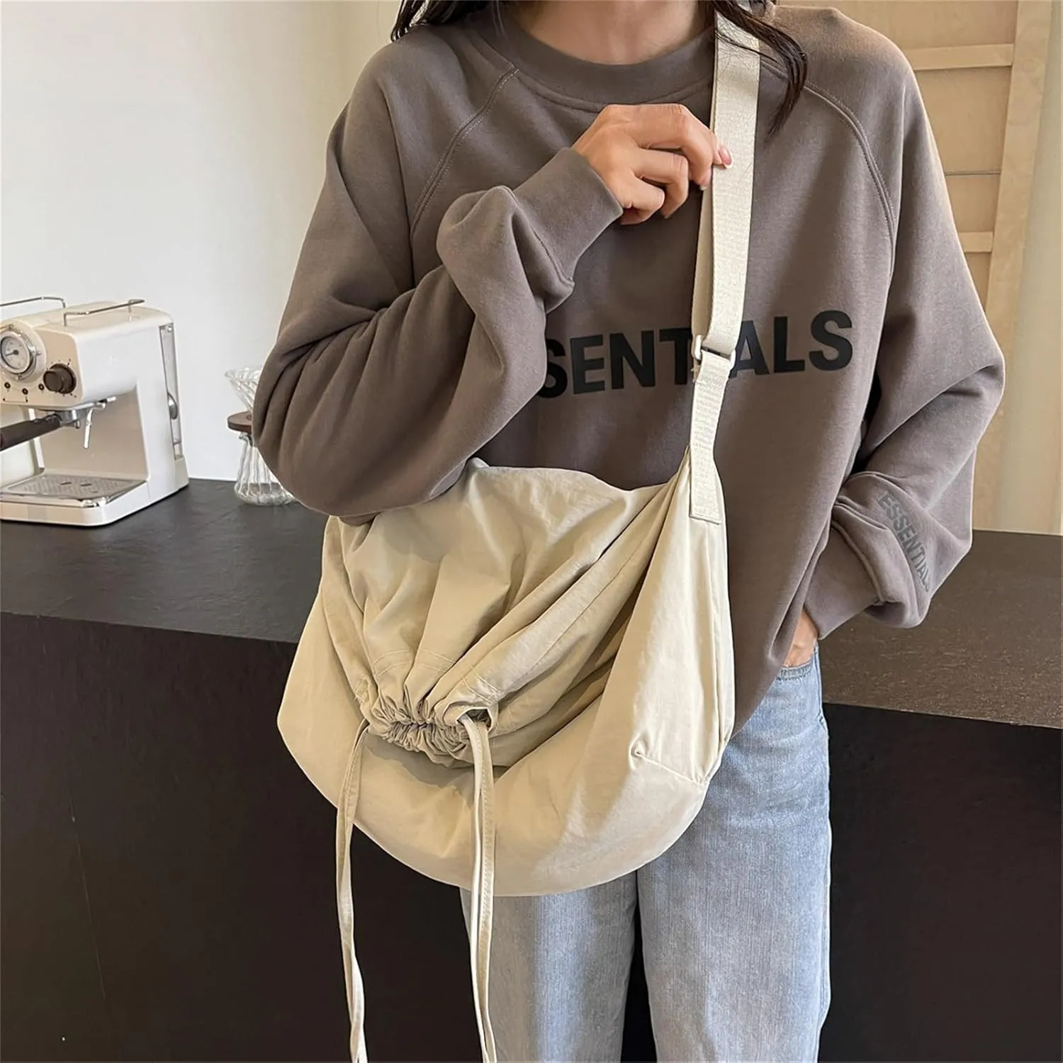 Sling Bag for Women Drawstring Crossbody Bag Nylon Casual Satchel Purse Shoulder Handbag Hobo Bag for Office Travel