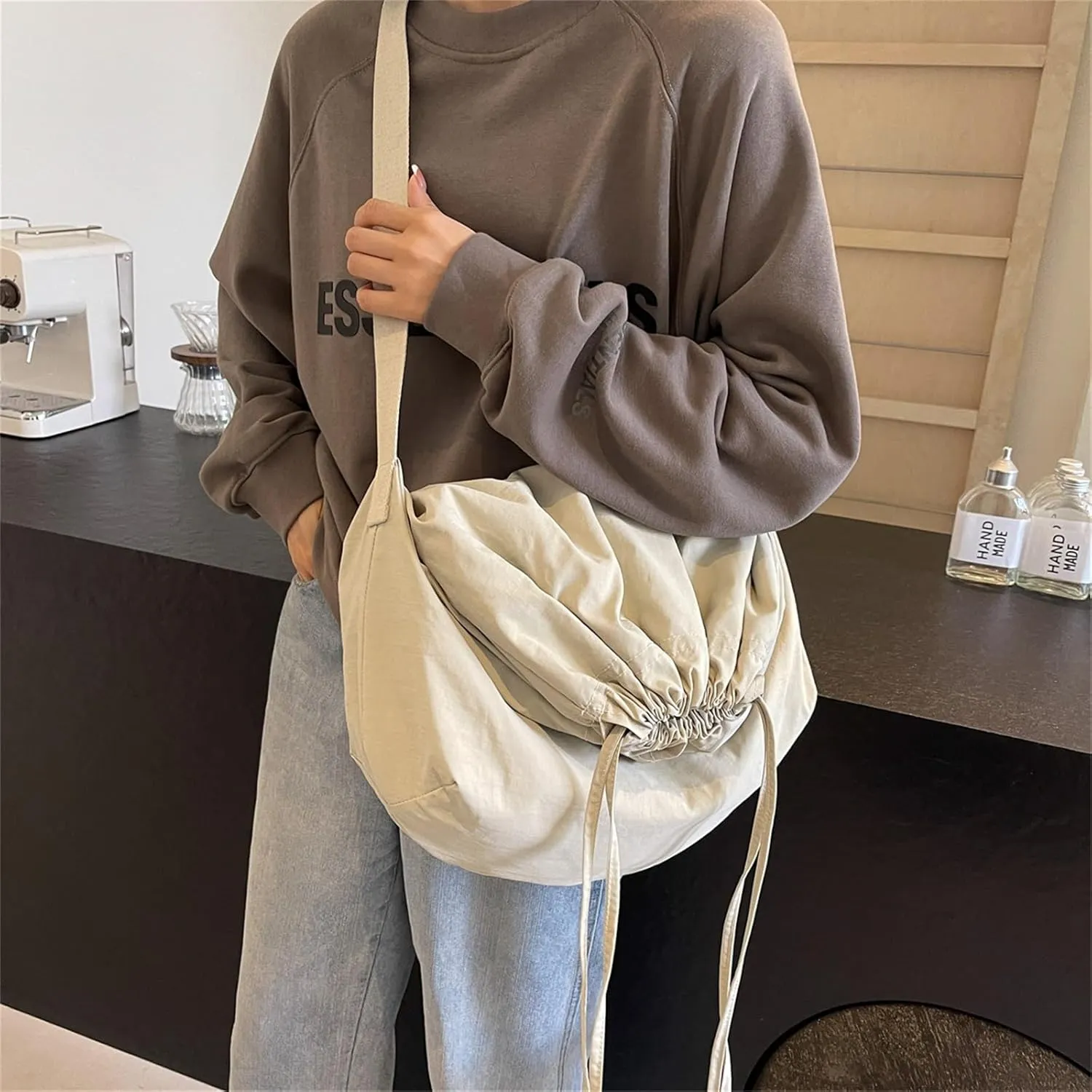 Sling Bag for Women Drawstring Crossbody Bag Nylon Casual Satchel Purse Shoulder Handbag Hobo Bag for Office Travel