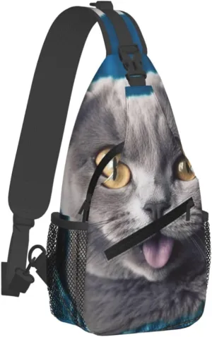 Sling Bag for Women Men Crossbody Bag Blue cat sticking out tongue Chest Bag Sling Backpack Fanny Pack Casual Daypack for Travel