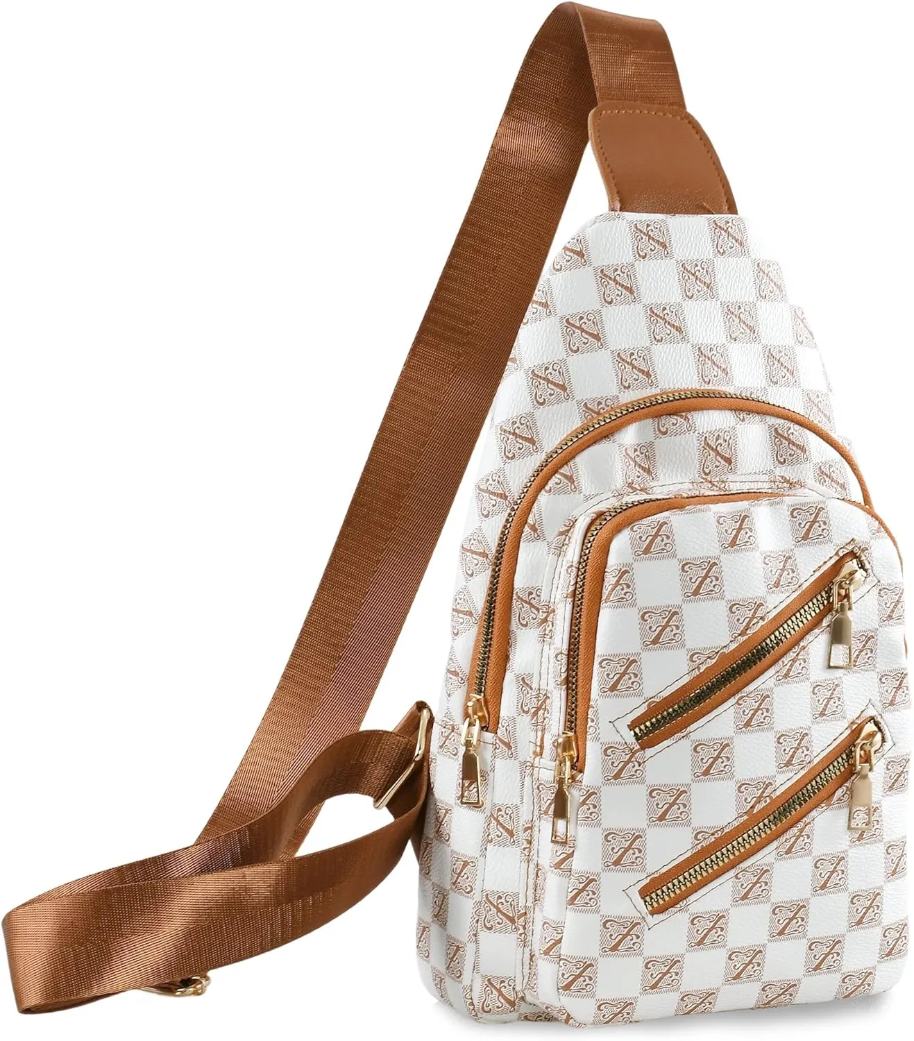 Sling Bag for Women Men Fanny Pack Chest Bag Leather Crossbody Bags for Travel Anti Theft,Crossbody Bag for Women (Grid brown shoulder strap)