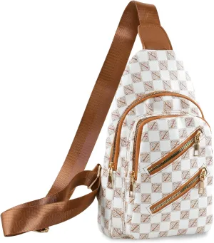 Sling Bag for Women Men Fanny Pack Chest Bag Leather Crossbody Bags for Travel Anti Theft,Crossbody Bag for Women (Grid brown shoulder strap)