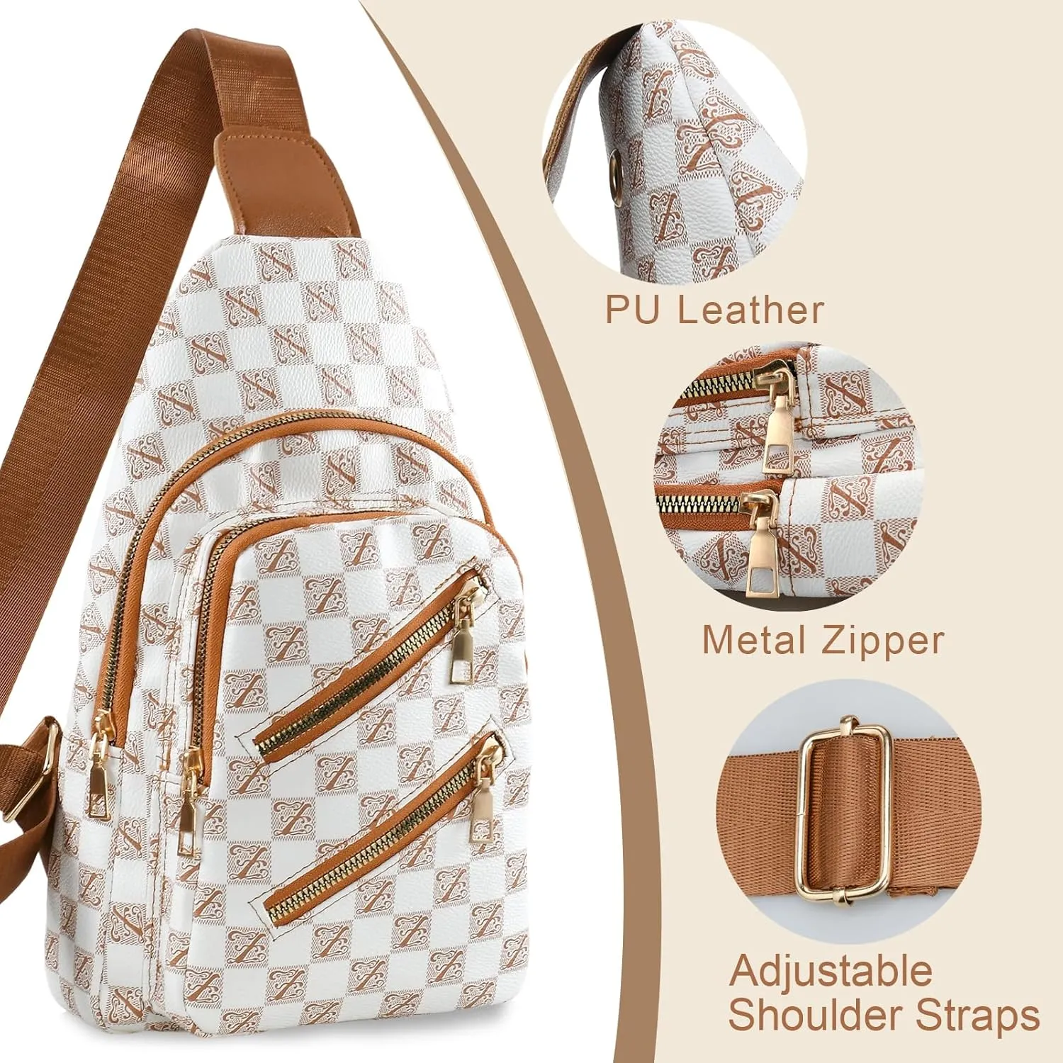 Sling Bag for Women Men Fanny Pack Chest Bag Leather Crossbody Bags for Travel Anti Theft,Crossbody Bag for Women (Grid brown shoulder strap)