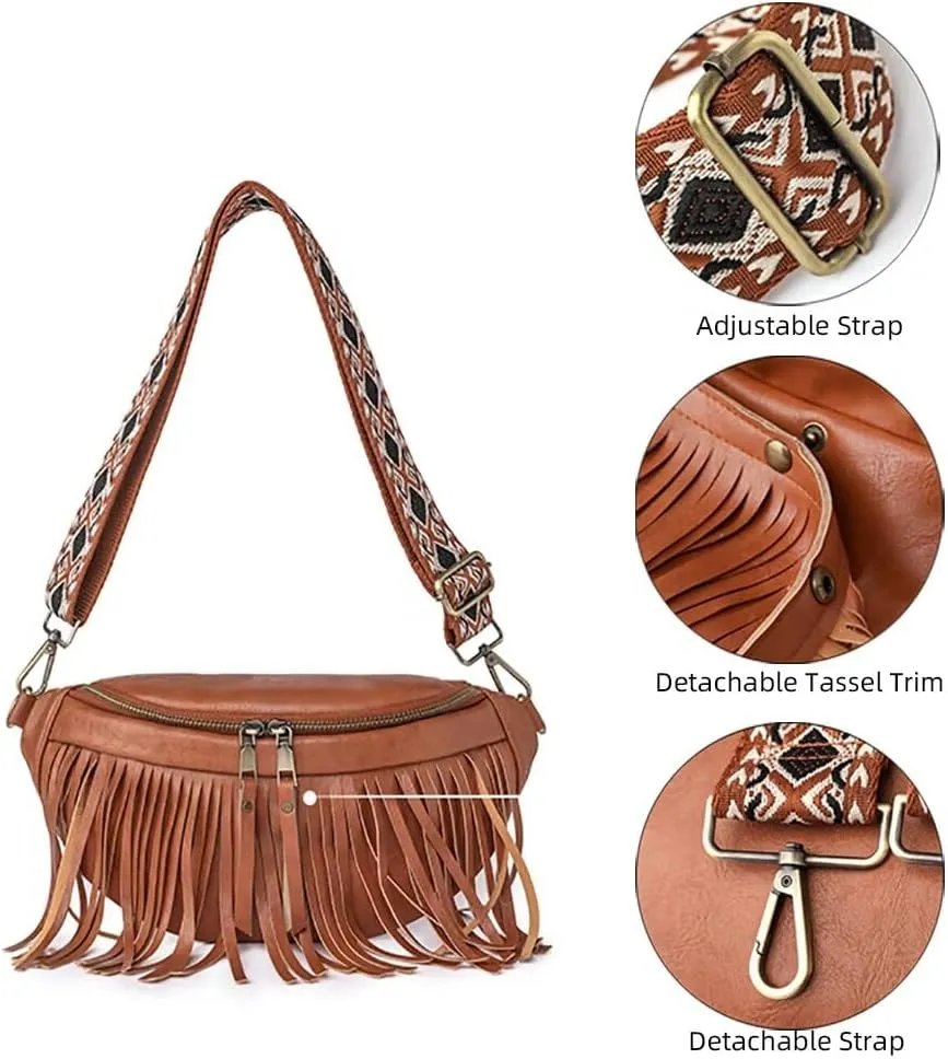 Sling Crossbody Bag for Women Vintage Hobo Bag Leather Chest Bag Fringe Shoulder Handbag Fanny Pack with Guitar Strap