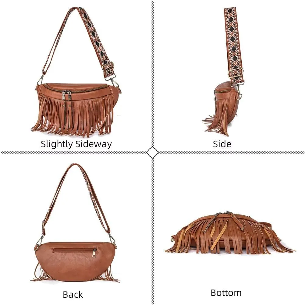 Sling Crossbody Bag for Women Vintage Hobo Bag Leather Chest Bag Fringe Shoulder Handbag Fanny Pack with Guitar Strap