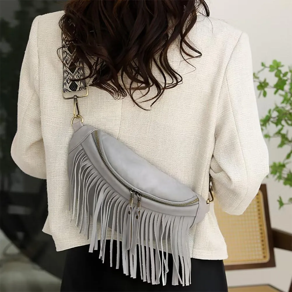 Sling Crossbody Bag for Women Vintage Hobo Bag Leather Chest Bag Fringe Shoulder Handbag Fanny Pack with Guitar Strap