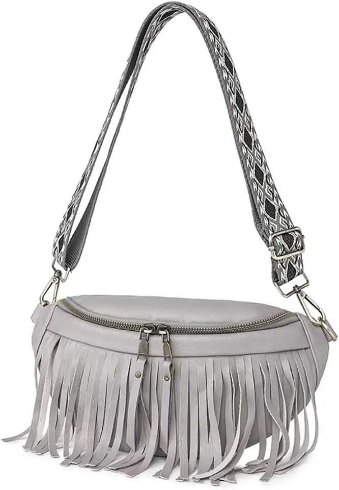 Sling Crossbody Bag for Women Vintage Hobo Bag Leather Chest Bag Fringe Shoulder Handbag Fanny Pack with Guitar Strap