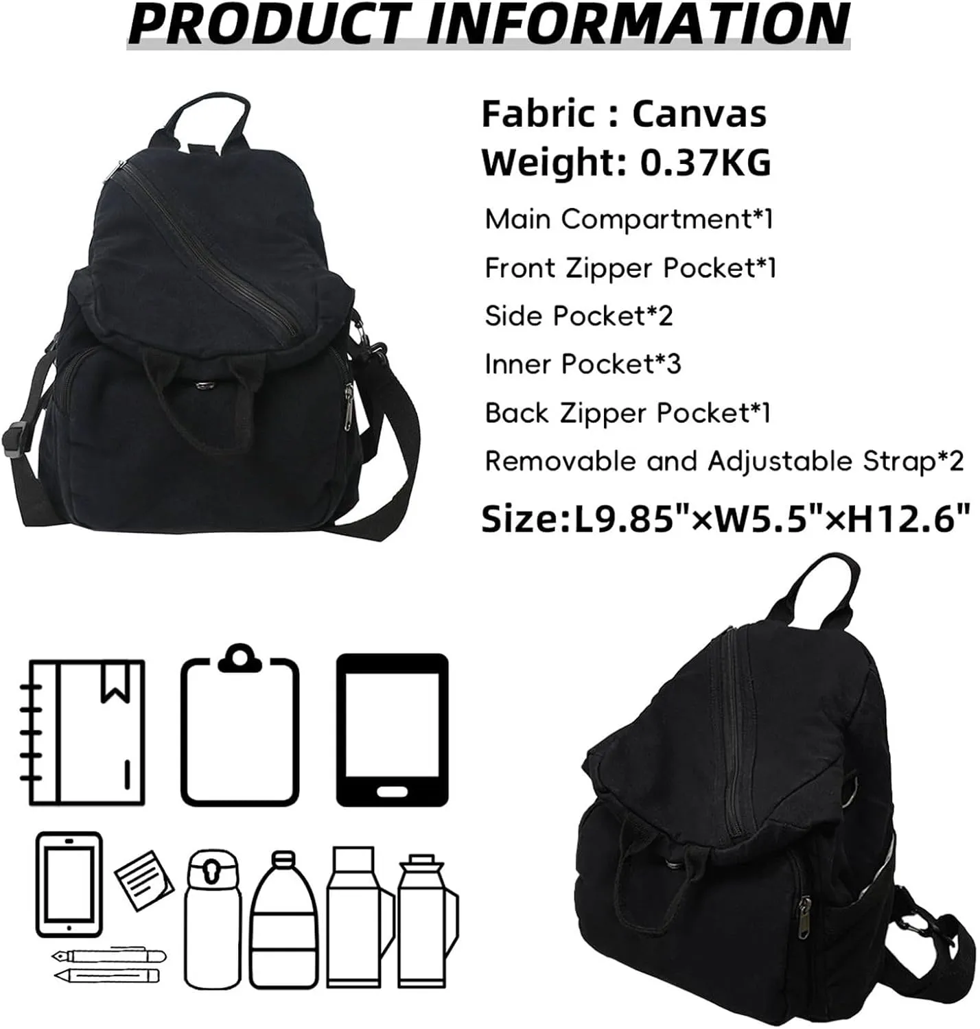 Small Backpack for Women Cute Backpack Ladies Canvas Backpack Purse for Women Men Casual Daypack Fashion Satchel Bag for Daily,Work (Black)