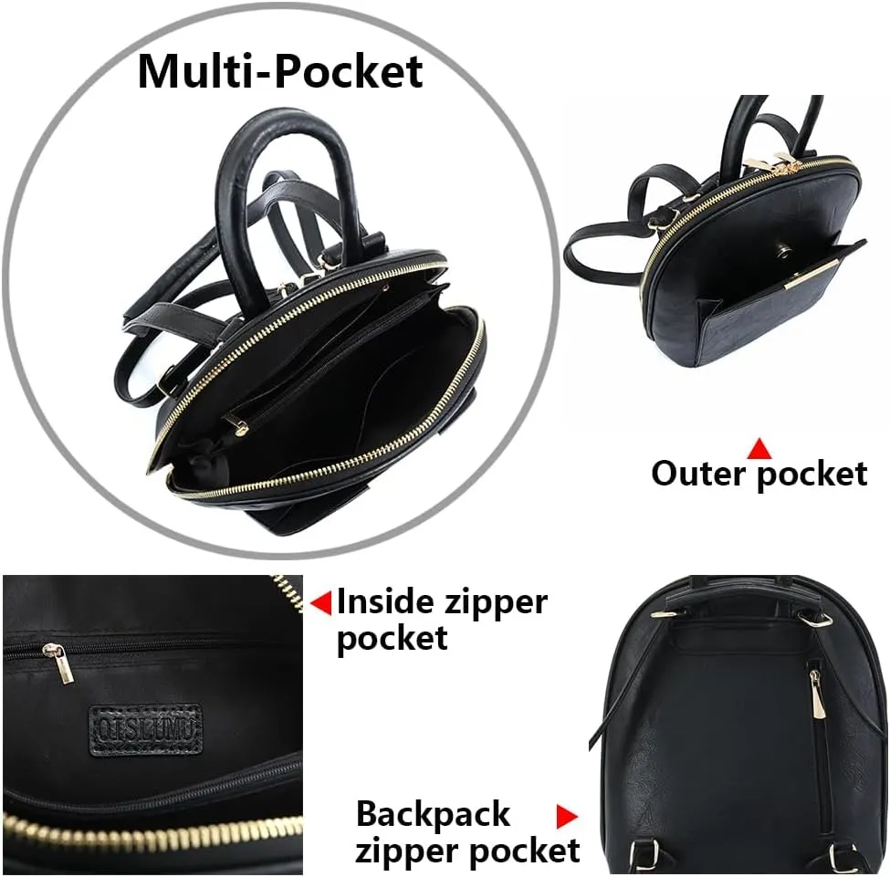 Small Backpack Purse for Women Multi Pocket PU Leather Lightweight Handbags Convertible Travel Shoulder Handbag (Black Medium)