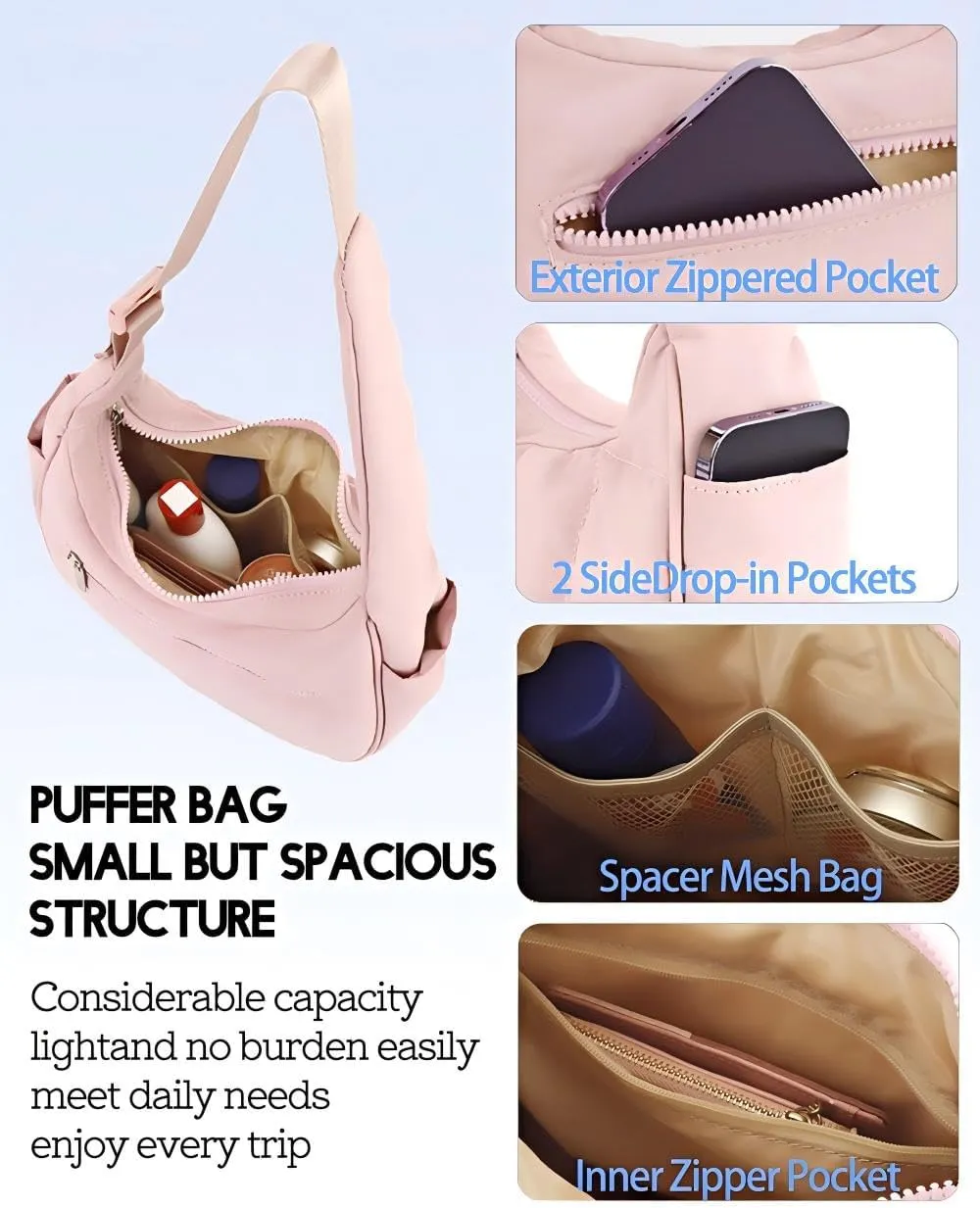 Small Crescent Puffer Purse Shoulder Bag for Women Nylon Quilted Purses Bag Adjustable Shoulder Strap Puffy bag