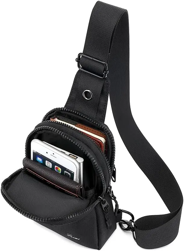 Small Crossbody Bag, Sling Bags for Men Women, Mens Crossbody Bag with Adjustable Strap, Chest Bag for Running, Hiking (Black)