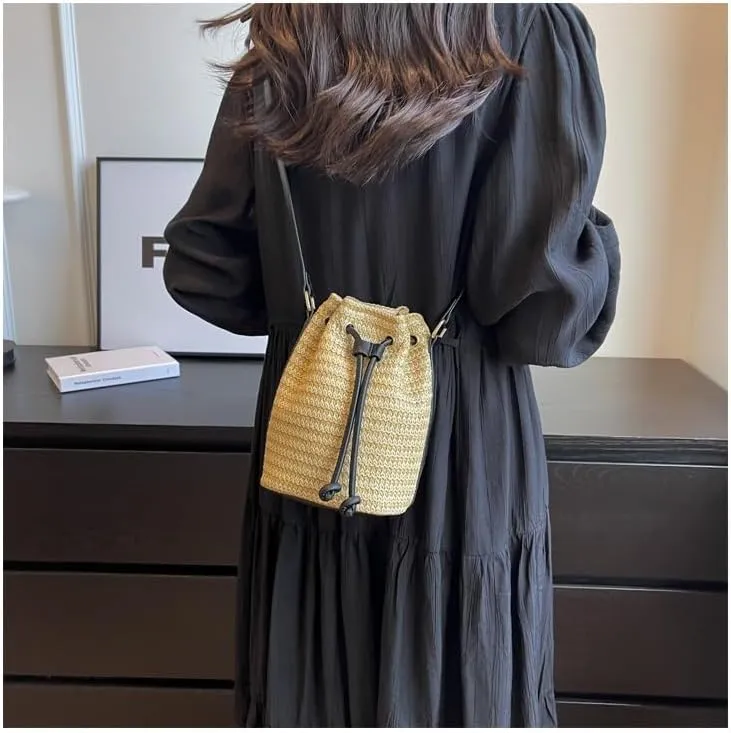 Small Crossbody Purses Women Y2k Beach Crochet Bucket Bags Drawstring Straw Bag Cute Bag