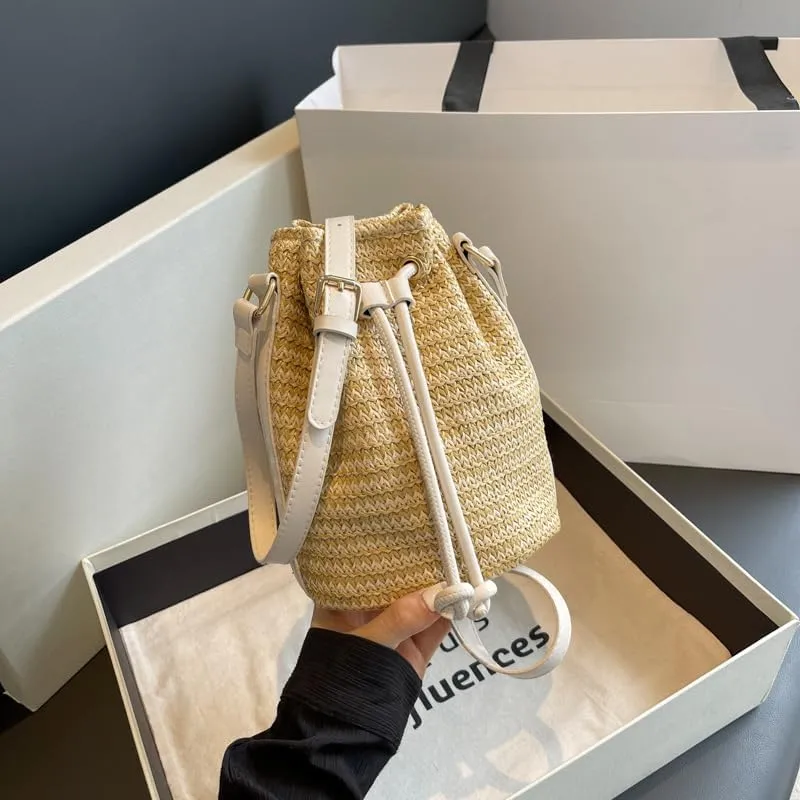 Small Crossbody Purses Women Y2k Beach Crochet Bucket Bags Drawstring Straw Bag Cute Bag