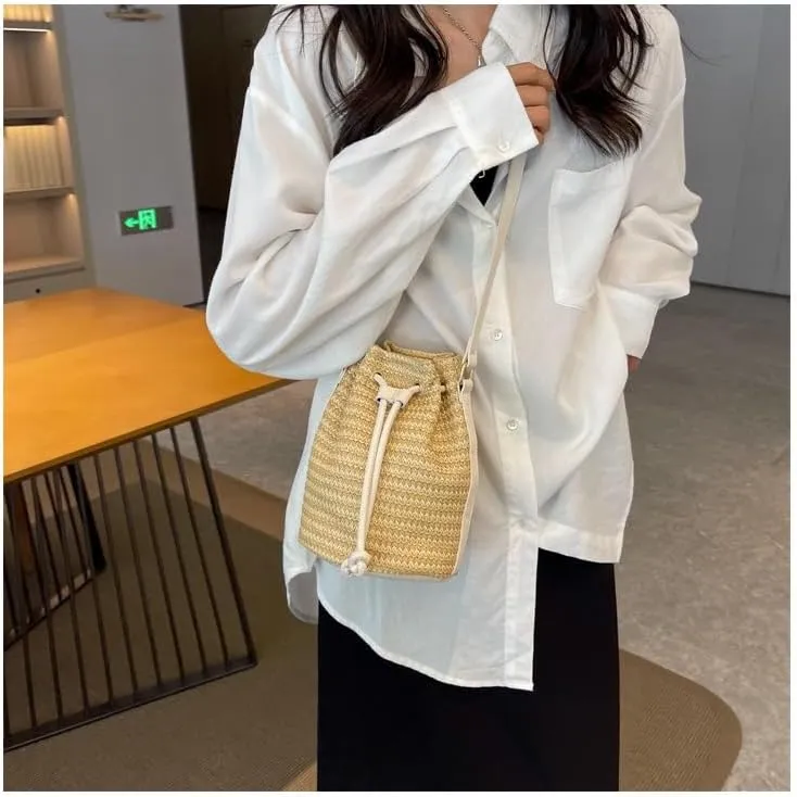 Small Crossbody Purses Women Y2k Beach Crochet Bucket Bags Drawstring Straw Bag Cute Bag