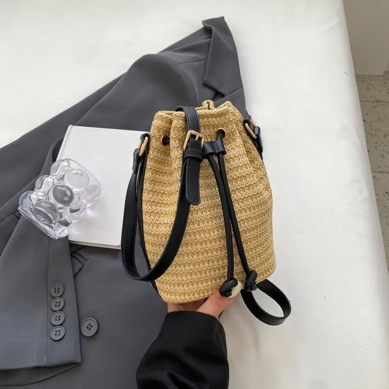 Small Crossbody Purses Women Y2k Beach Crochet Bucket Bags Drawstring Straw Bag Cute Bag