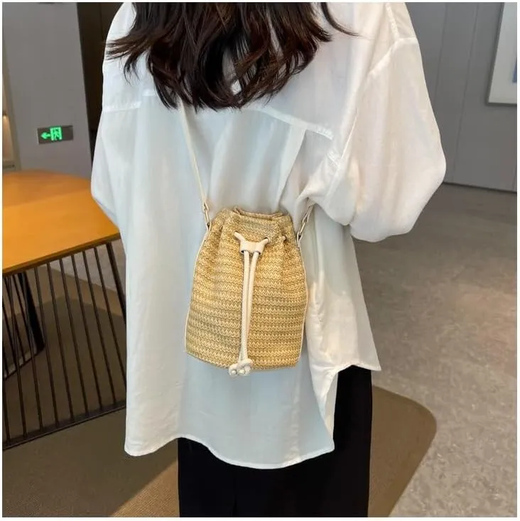 Small Crossbody Purses Women Y2k Beach Crochet Bucket Bags Drawstring Straw Bag Cute Bag