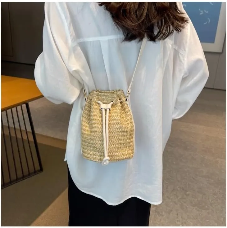 Small Crossbody Purses Women Y2k Beach Crochet Bucket Bags Drawstring Straw Bag Cute Bag