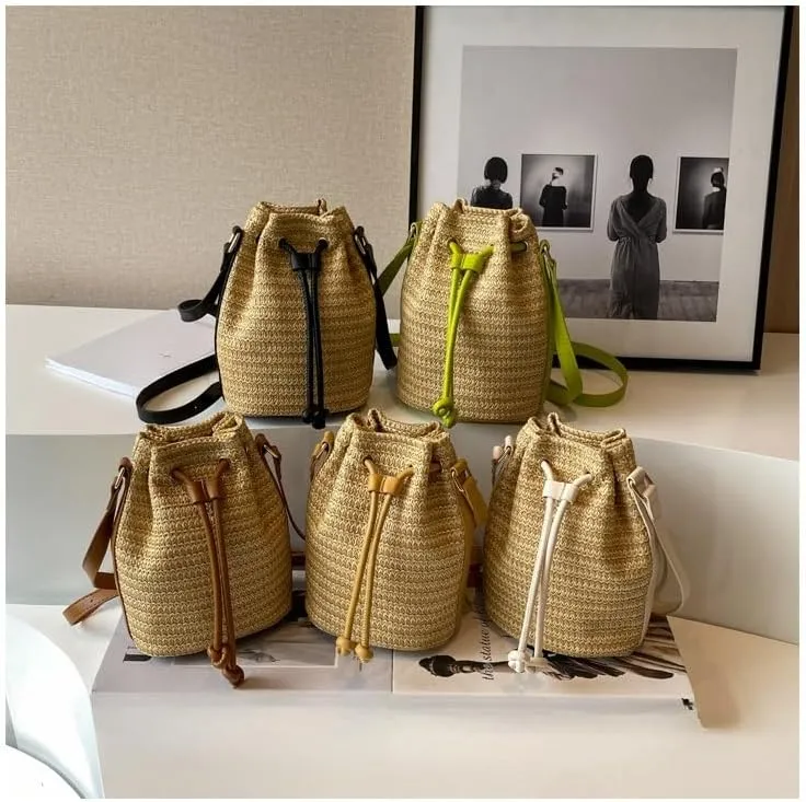 Small Crossbody Purses Women Y2k Beach Crochet Bucket Bags Drawstring Straw Bag Cute Bag