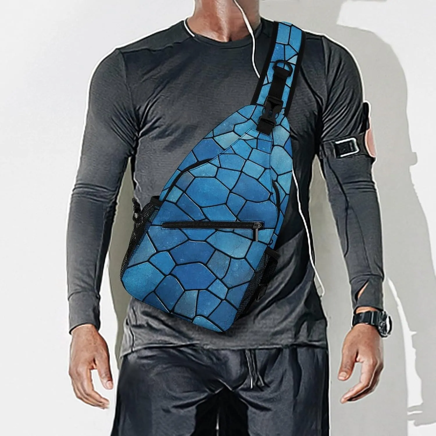 Small Crossbody Sling Backpack Blue Tile Pattern Chest Bags for Traveling Chest Fashion Shoulder Bag
