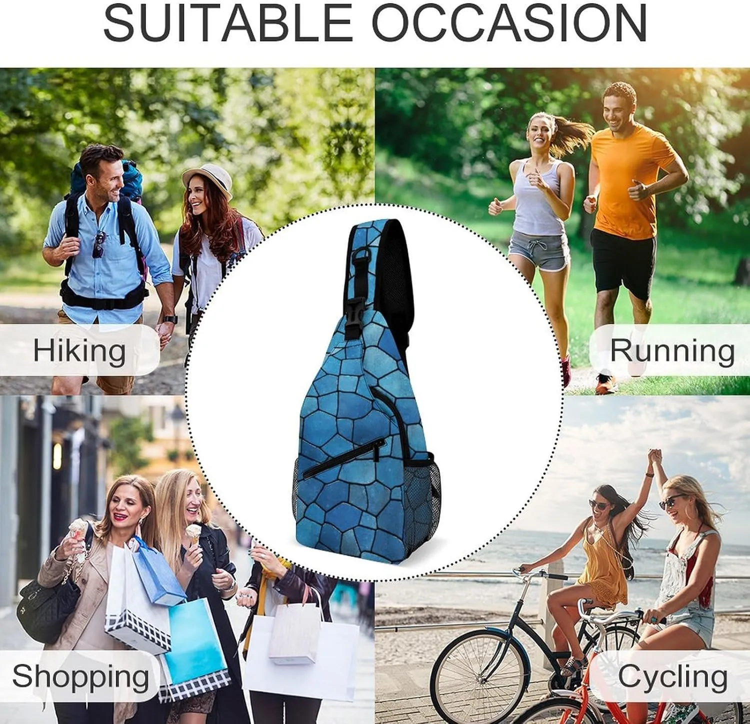 Small Crossbody Sling Backpack Blue Tile Pattern Chest Bags for Traveling Chest Fashion Shoulder Bag