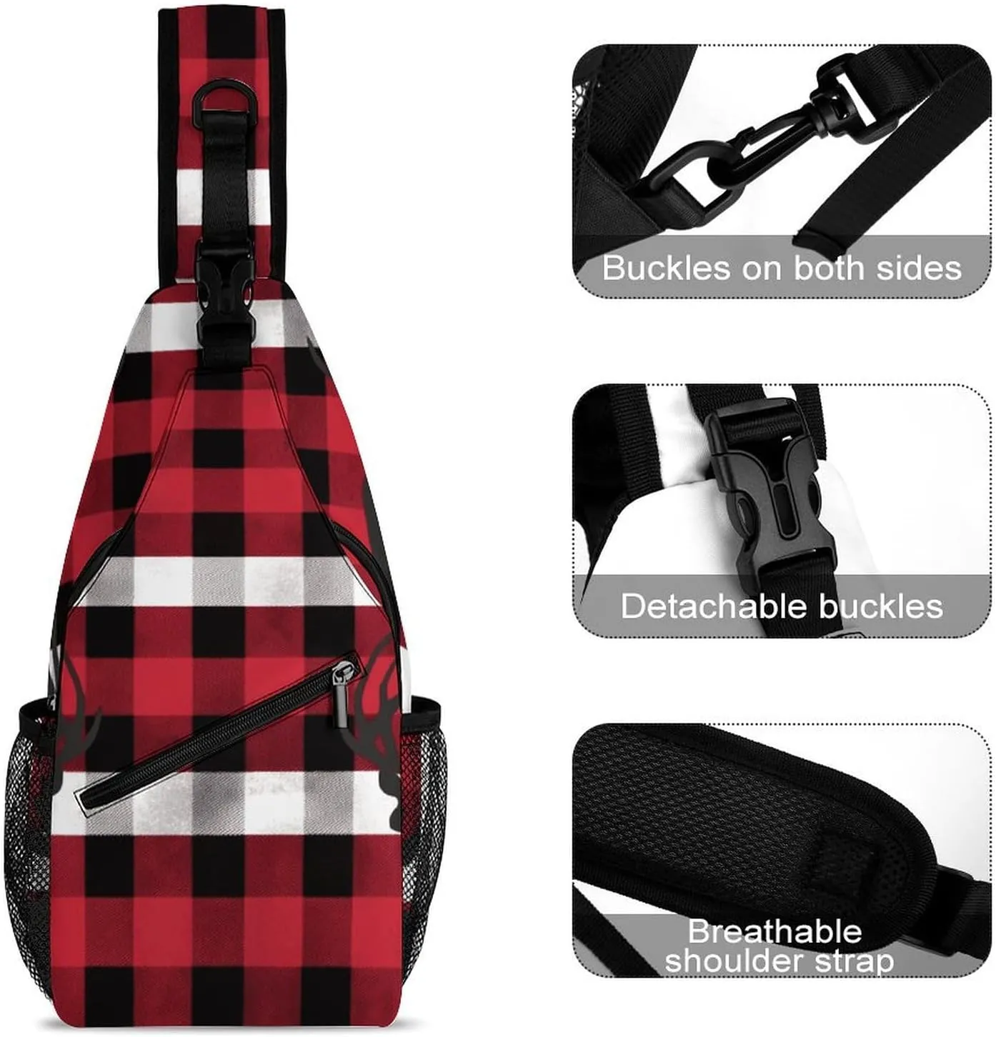 Small Crossbody Sling Backpack Buffalo Plaid Deer Chest Bags for Traveling Chest Fashion Shoulder Bag