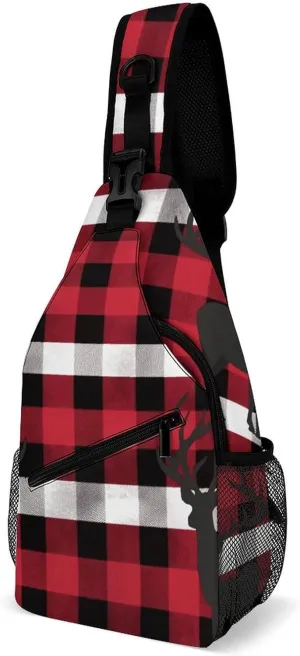 Small Crossbody Sling Backpack Buffalo Plaid Deer Chest Bags for Traveling Chest Fashion Shoulder Bag