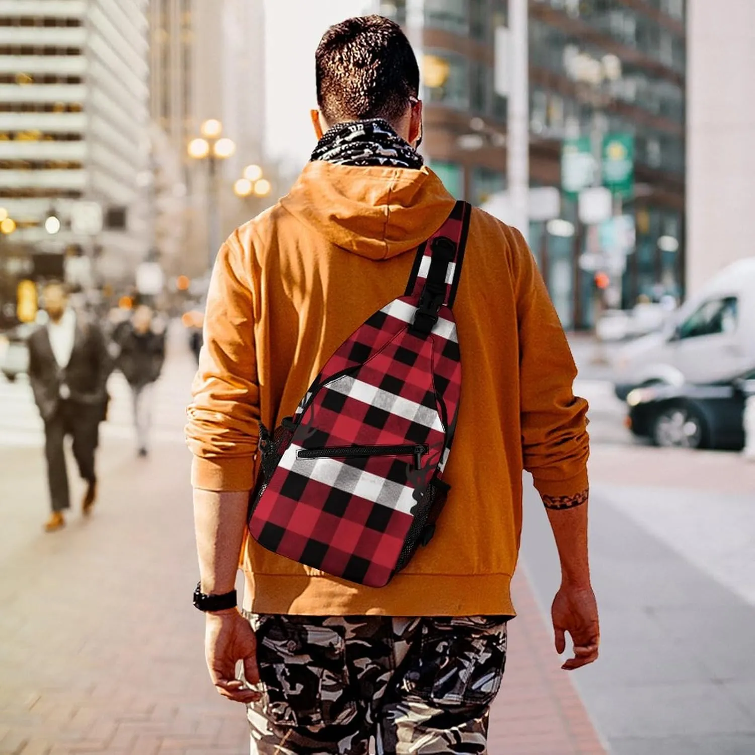 Small Crossbody Sling Backpack Buffalo Plaid Deer Chest Bags for Traveling Chest Fashion Shoulder Bag