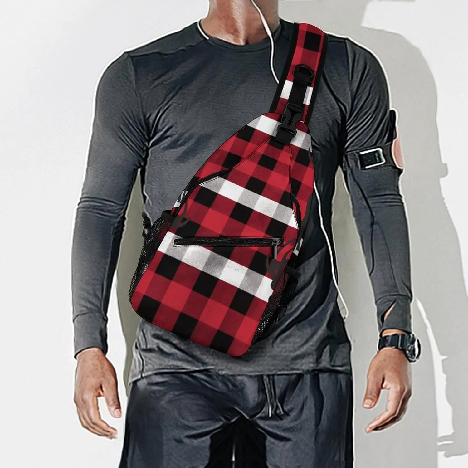 Small Crossbody Sling Backpack Buffalo Plaid Deer Chest Bags for Traveling Chest Fashion Shoulder Bag