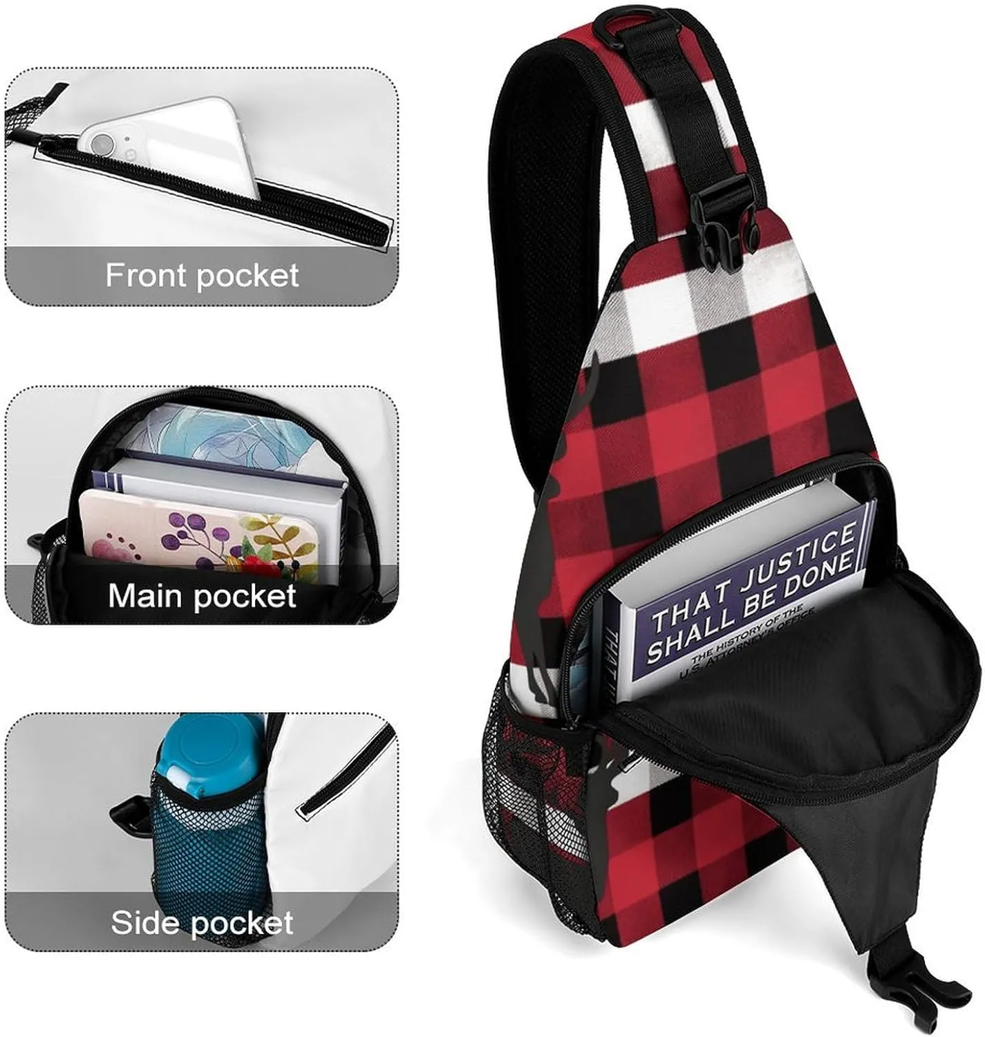 Small Crossbody Sling Backpack Buffalo Plaid Deer Chest Bags for Traveling Chest Fashion Shoulder Bag