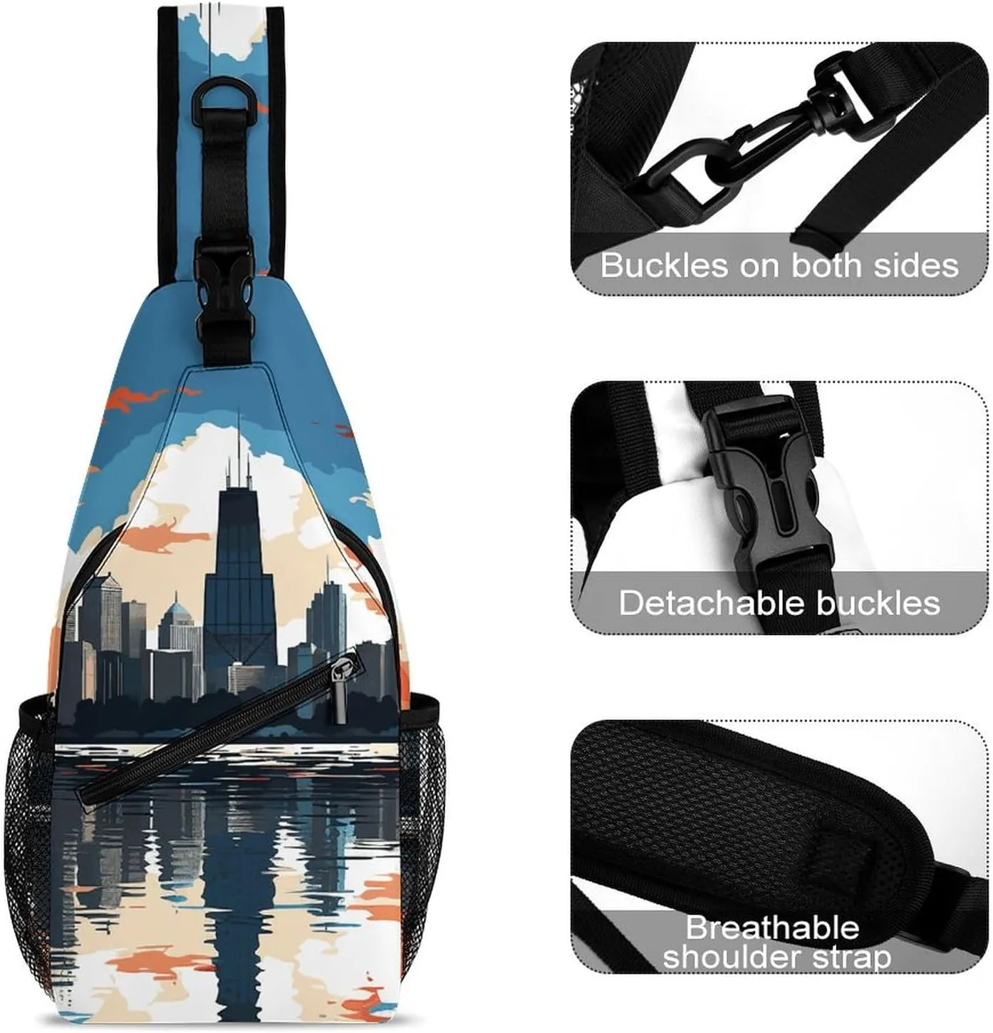 Small Crossbody Sling Backpack Chicago Skyline Chest Bags for Traveling Chest Fashion Shoulder Bag