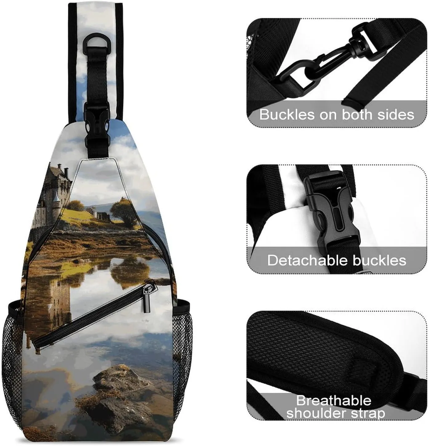 Small Crossbody Sling Backpack Scotland Castle Water Lake Scottish Chest Bags for Traveling Chest Fashion Shoulder Bag