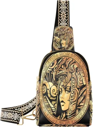 Small Crossbody Sling Bags for Women Egyptian Woman Helmet Leather Crossbody Fanny Packs Purses Gold Deity Chest Bag Daypack Crossbody Backpack for Travel Sports Running Hiking