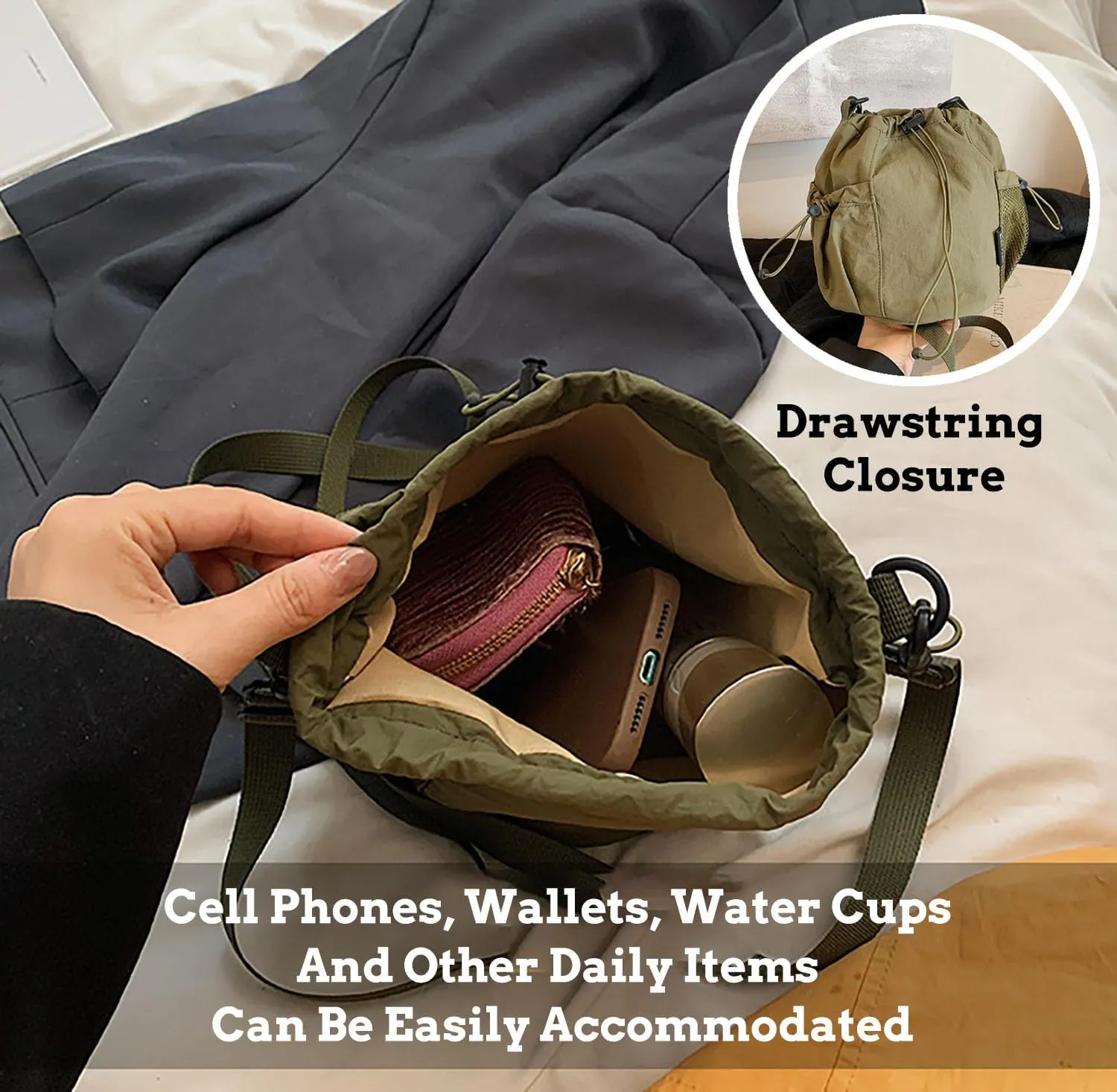 Small Drawstring Bucket Bag For Women Nylon Crossbody Purse Bag Adjustable Shoulder Strap Lightweight Travel Tote Handbags