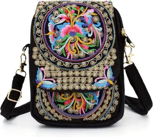 Small Ethnic Crossbocy for Women Canvas Flower Embroidery Cell Phone Bag Flap Coin Pouch Square Purse Wallet (Color) LANGSER