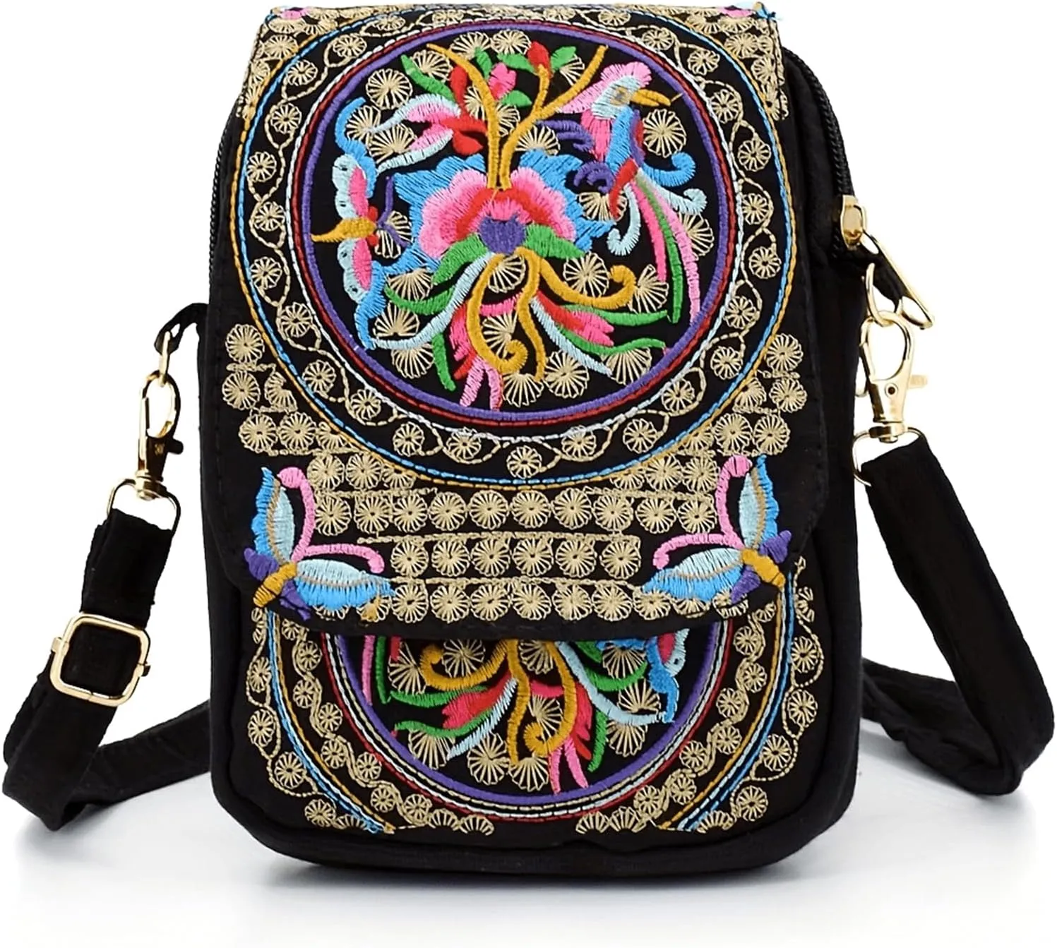Small Ethnic Crossbocy for Women Canvas Flower Embroidery Cell Phone Bag Flap Coin Pouch Square Purse Wallet (Color) LANGSER