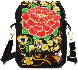 Small Ethnic Crossbocy for Women Canvas Flower Embroidery Cell Phone Bag Flap Coin Pouch Square Purse Wallet (Red)