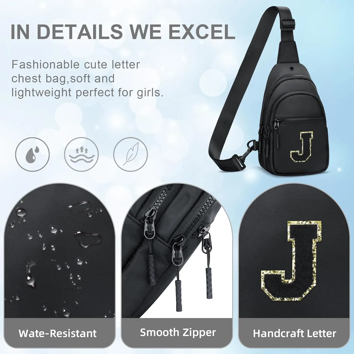 Small Initial Sling Crossbody Bags for Girls Women Fanny Pack Chest Bag Purse Personalized Birthday Gift - Black - J