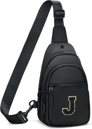 Small Initial Sling Crossbody Bags for Girls Women Fanny Pack Chest Bag Purse Personalized Birthday Gift - Black - J