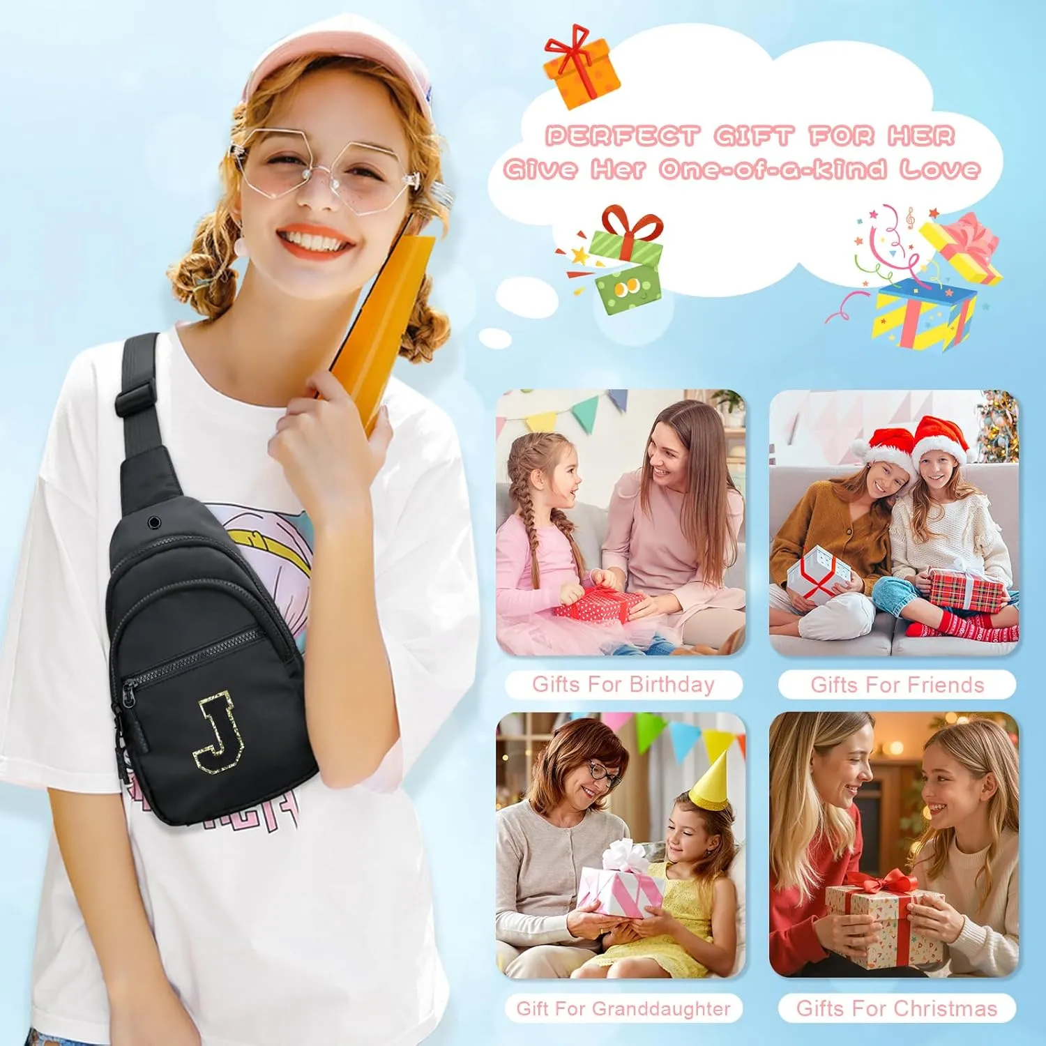 Small Initial Sling Crossbody Bags for Girls Women Fanny Pack Chest Bag Purse Personalized Birthday Gift - Black - J