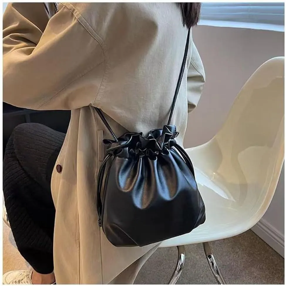 Small Leather Drawstring Bucket Bag Hobo Bucket Bags and Purses Crossbody Bucket Satchel Bag Soft Drawstring Purse