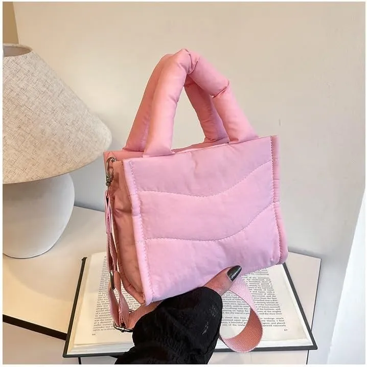 Small Puffer Tote Bag for Women,Quilted Crossbody Bag with Adjustable Strap,Puffy Purse Nylon Shoulder Handbag