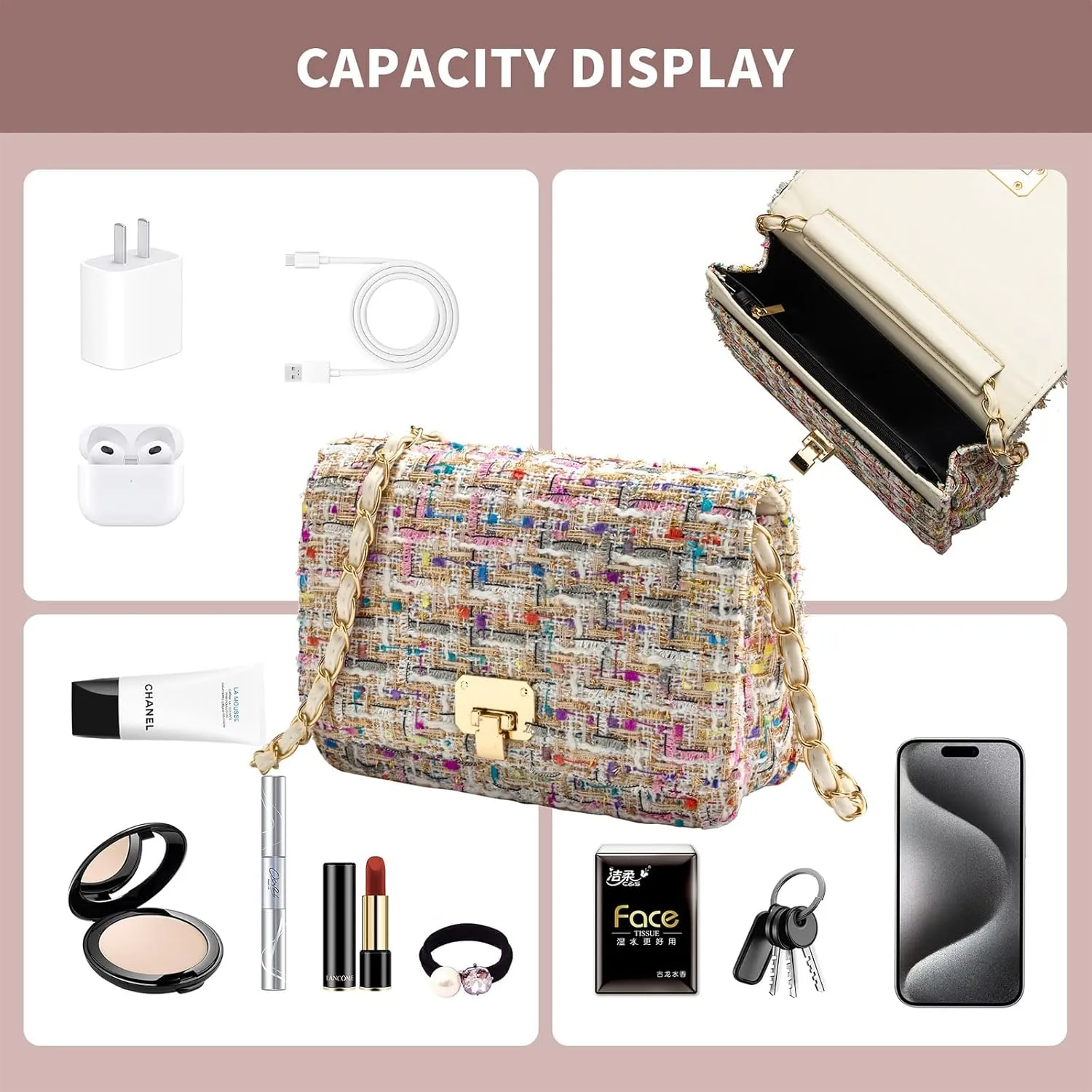 Small Shoulder Bag for Women Mini Purse Handbag PU Leather Crossbody Evening Bag Quilted Satchel, with Chain Strap
