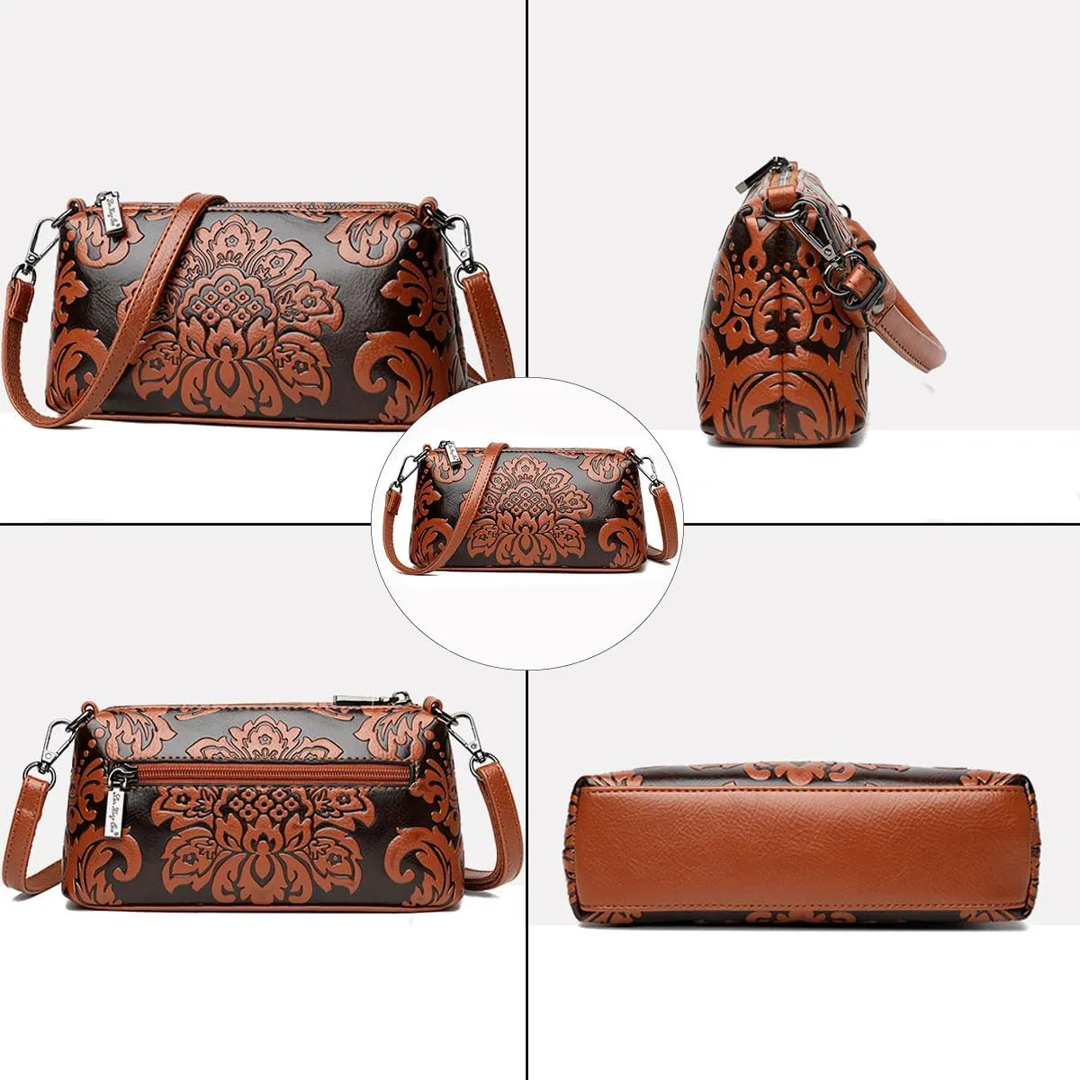 Small Shoulder Purse for Women,Vintage Handbag Flower Print Embossed Crossbody Bag With Two Straps