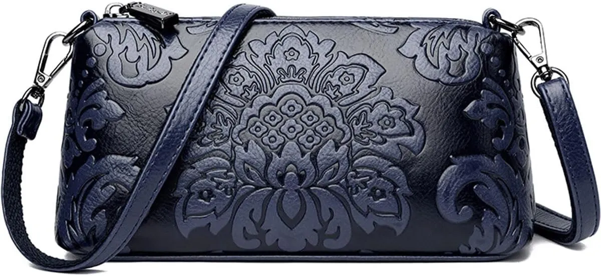 Small Shoulder Purse for Women,Vintage Handbag Flower Print Embossed Crossbody Bag With Two Straps
