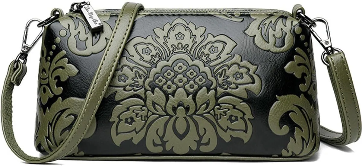 Small Shoulder Purse for Women,Vintage Handbag Flower Print Embossed Crossbody Bag With Two Straps