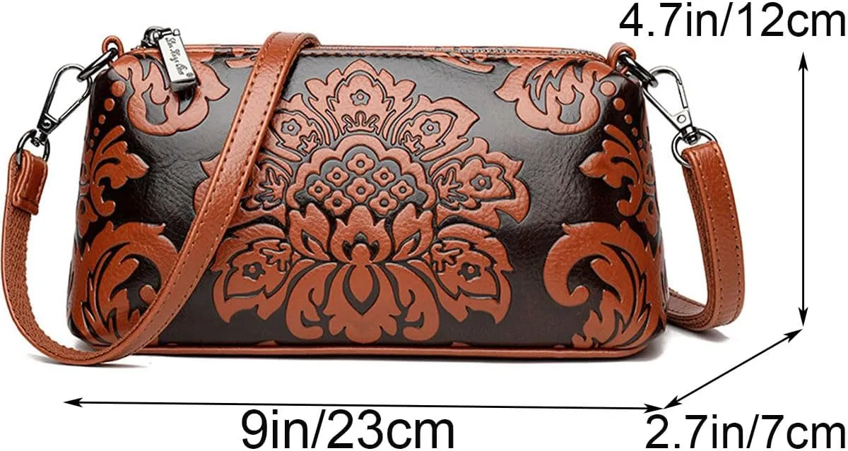 Small Shoulder Purse for Women,Vintage Handbag Flower Print Embossed Crossbody Bag With Two Straps