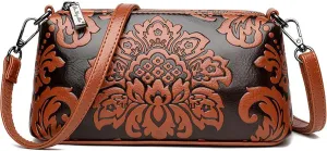 Small Shoulder Purse for Women,Vintage Handbag Flower Print Embossed Crossbody Bag With Two Straps