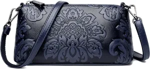 Small Shoulder Purse for Women,Vintage Handbag Flower Print Embossed Crossbody Bag With Two Straps